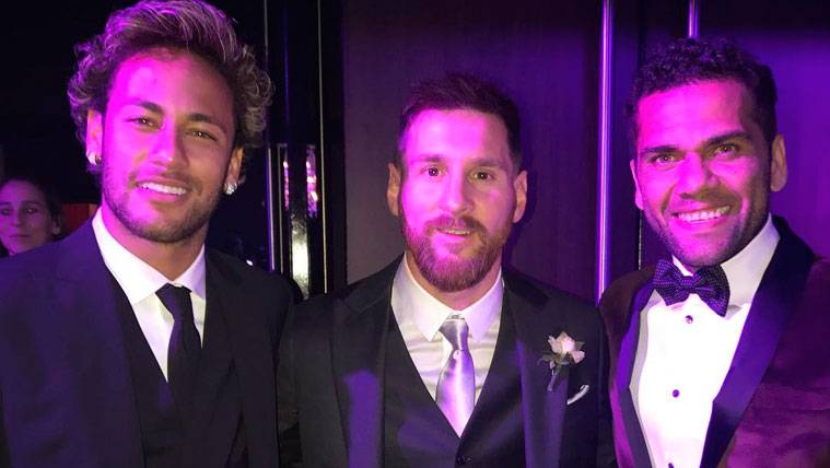 Neymar, Leo Messi y Dani Alves en la boda del argentino