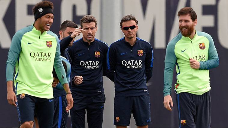 Neymar, Unzué, Luis Enrique y Leo Messi en un entrenamiento del FC Barcelona