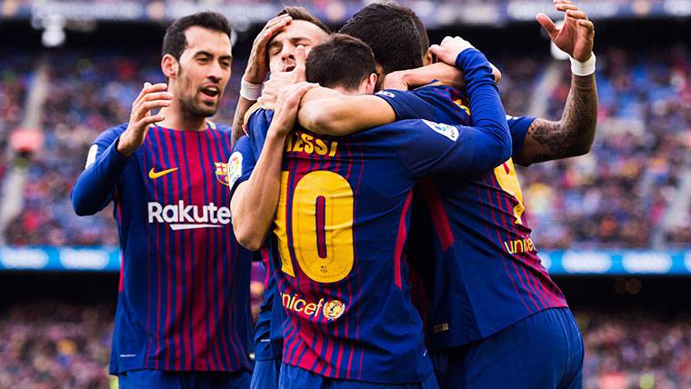 El FC Barcelona, celebrando un gol marcado contra el Celta