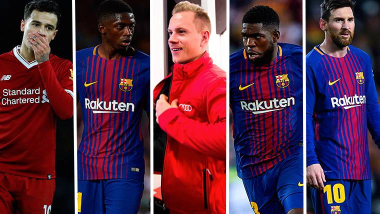 Coutinho, Dembélé. Ter Stegen, Umtiti and Messi, of left to right