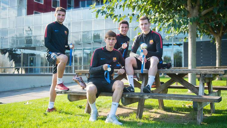 Abel Ruiz, Juan Miranda, Mateu Morey and Sergio Gómez, in the Masia of the Barça