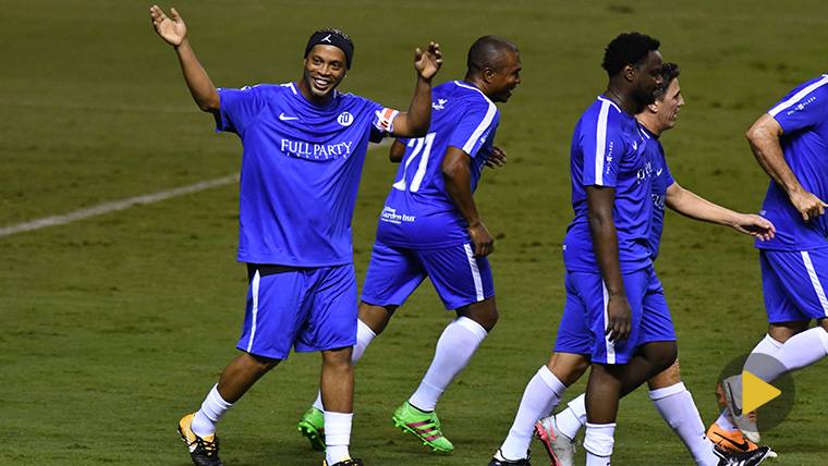 Ronaldinho, celebrating a goal during a party