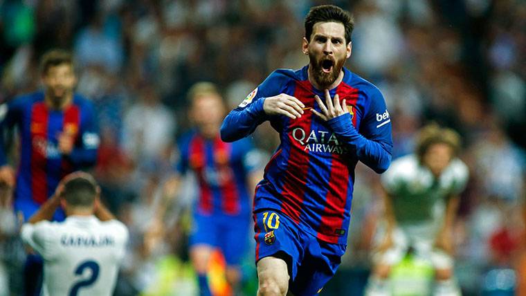 Leo Messi, celebrating the last marked goal in the Bernabéu