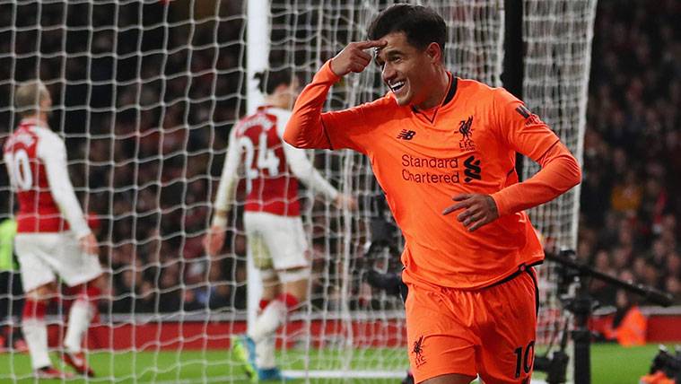 Philippe Coutinho celebra un gol con el Liverpool