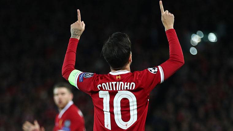 Philippe Coutinho, celebrando un gol marcado con el Liverpool