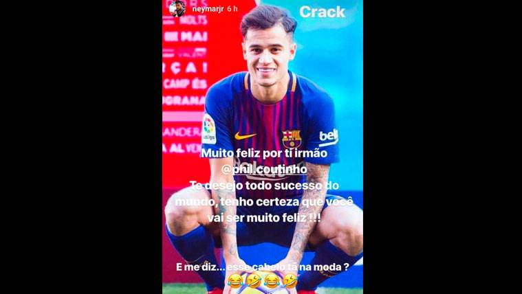 The congratulation of Neymar to Philippe Coutinho in the social networks