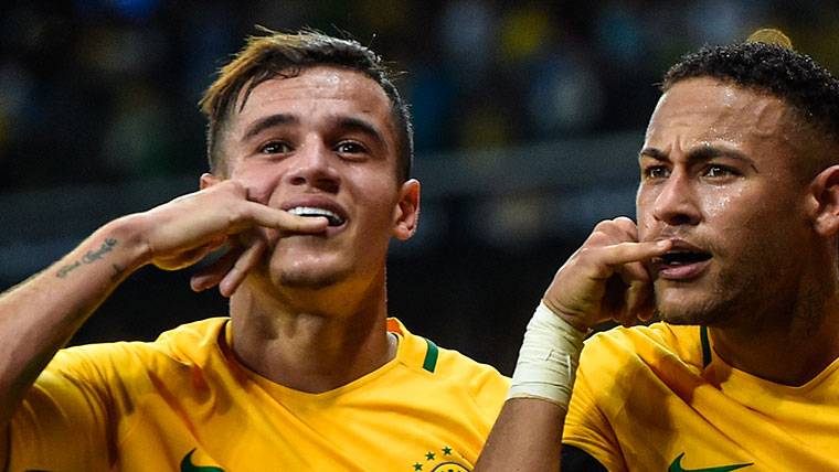 Coutinho And Neymar celebrating a goal with Brazil
