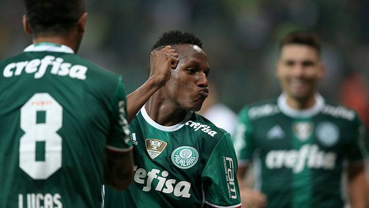 Yerry Mina, celebrando un gol marcado con el Palmeiras