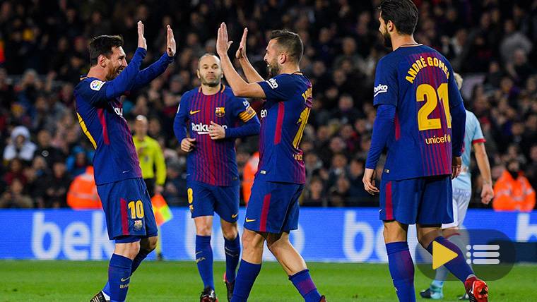 El FC Barcelona, celebrando uno de los goles contra el Celta