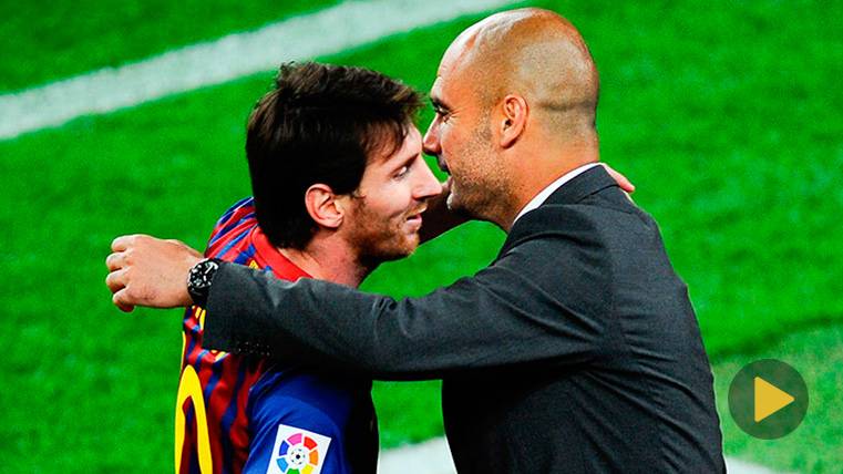 Pep Guardiola embraces to Leo Messi after a party of the FC Barcelona