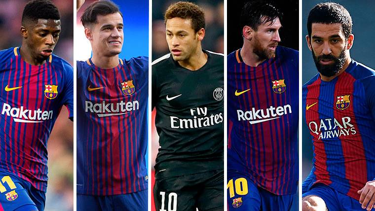 Dembélé, Coutinho, Neymar, Messi and Burn, of left to right