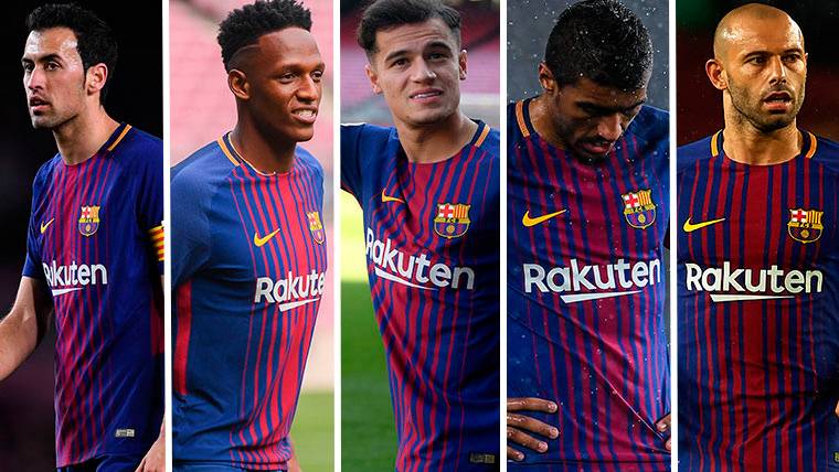 Busquets, Yerry Mina, Coutinho, Paulinho and Mascherano, of left to right