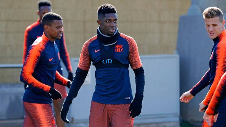 Ousmane Dembélé en un entrenamiento con el FC Barcelona