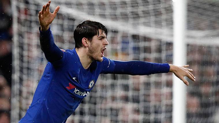 Álvaro Morata protests a referee's decision with Chelsea
