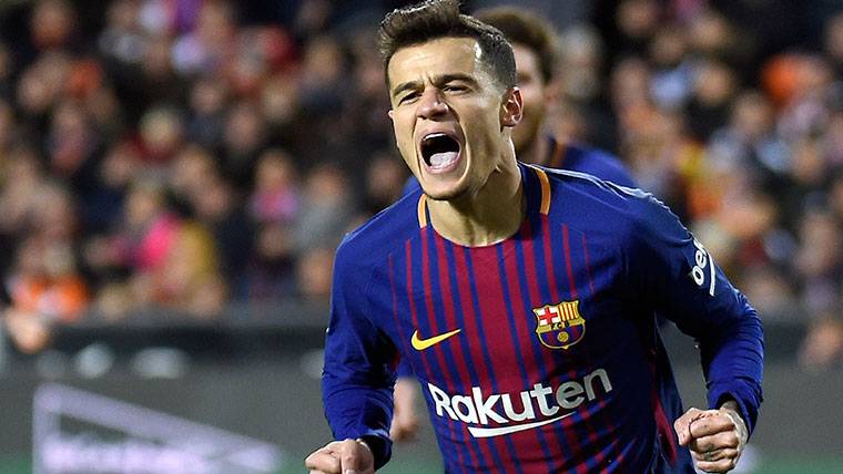 Philippe Coutinho, celebrando el único gol marcado con el Barça