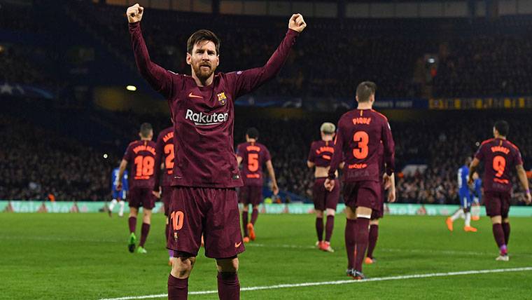 Leo Messi, celebrando el gol marcado en Stamford Bridge