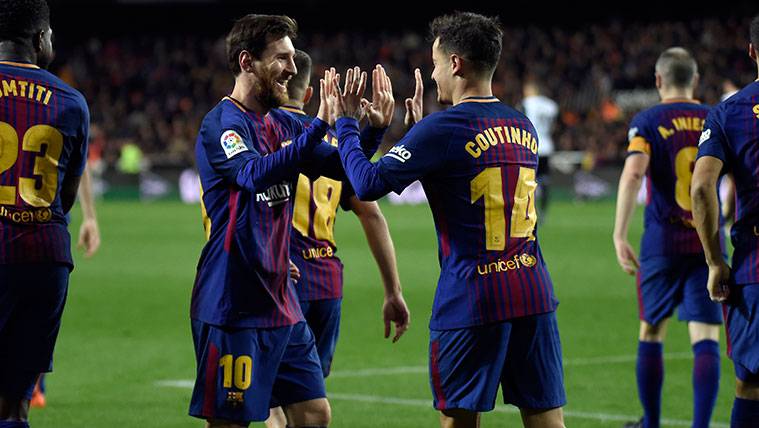 Leo Messi y Philippe Coutinho celebran un gol del FC Barcelona