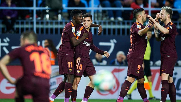 Coutinho And Dembélé, celebrating the marked goal in The Rosaleda