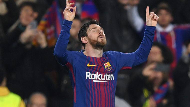 Leo Messi, celebrating the marked goal to Chelsea in the Camp Nou