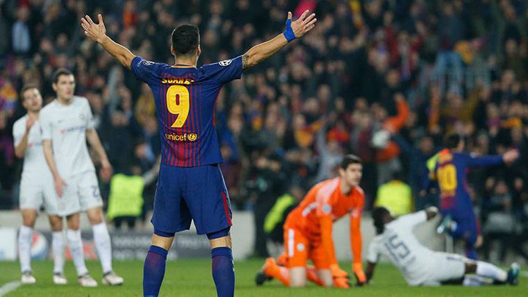 Luis Suárez, celebrando el segundo gol de Messi al Chelsea