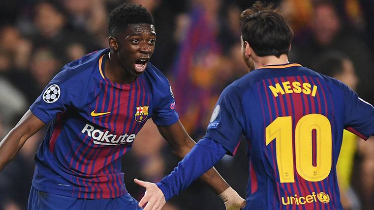 Ousmane Dembélé, celebrando con Leo Messi el gol marcado al Chelsea