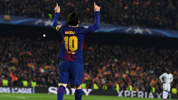 Leo Messi, celebrating a marked goal against Chelsea