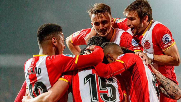 El Girona, celebrando un gol marcado contra el Levante en Montilivi