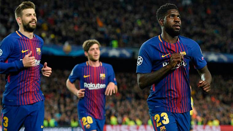 Samuel Umtiti, celebrating the goal to the Rome as if it was his