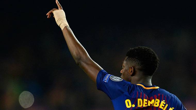 Ousmane Dembélé, celebrando el gol marcado con el FC Barcelona