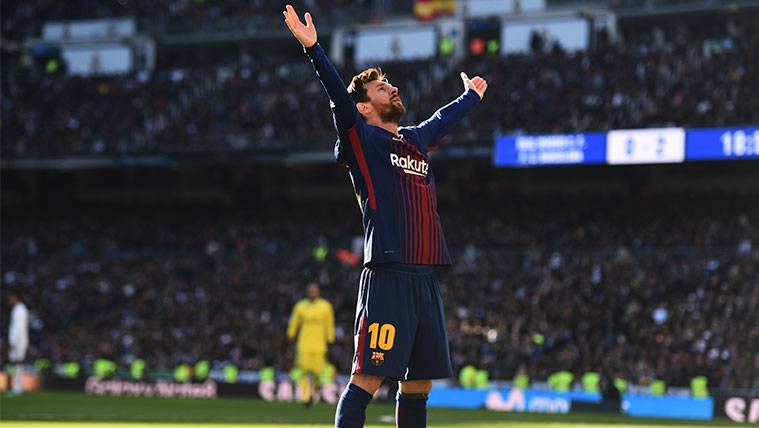Leo Messi celebrates a goal in the last Classical in Santiago Bernabéu