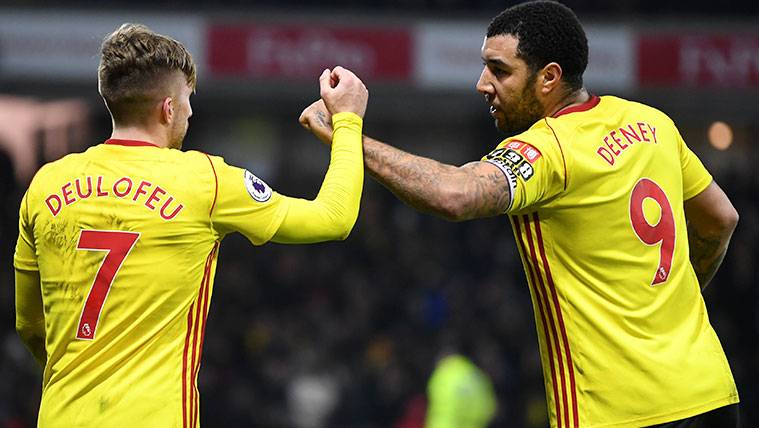 Gerard Deulofeu and Troy Deeney celebrate a goal of the Watford