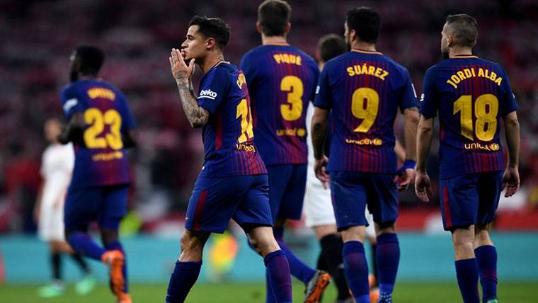 Coutinho, celebrando un gol con el FC Barcelona en la final de Copa