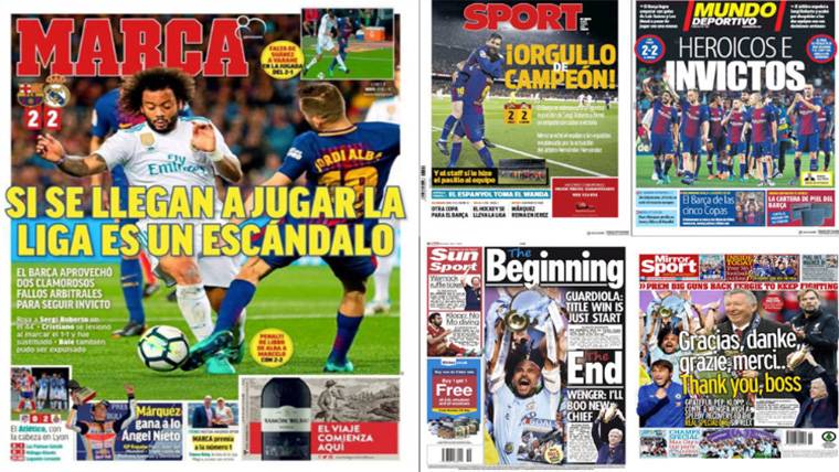 Covers of the sportive means after the Classical Barcelona-Real Madrid