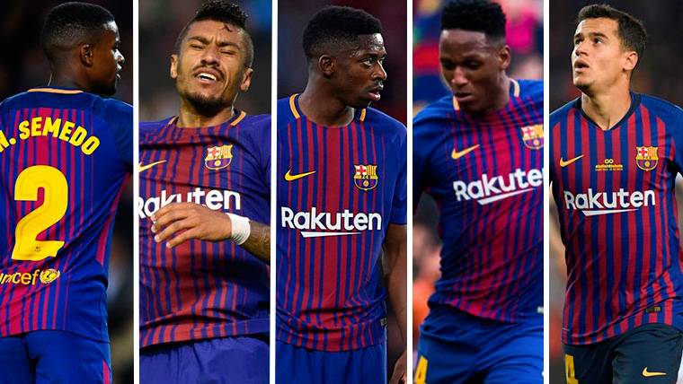 Semedo, Paulinho, Dembélé, Yerry Mina and Coutinho, of left to right