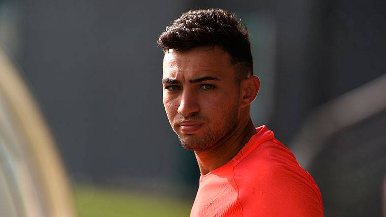 Munir El Haddadi en un entrenamiento de pretemporada con el Barça