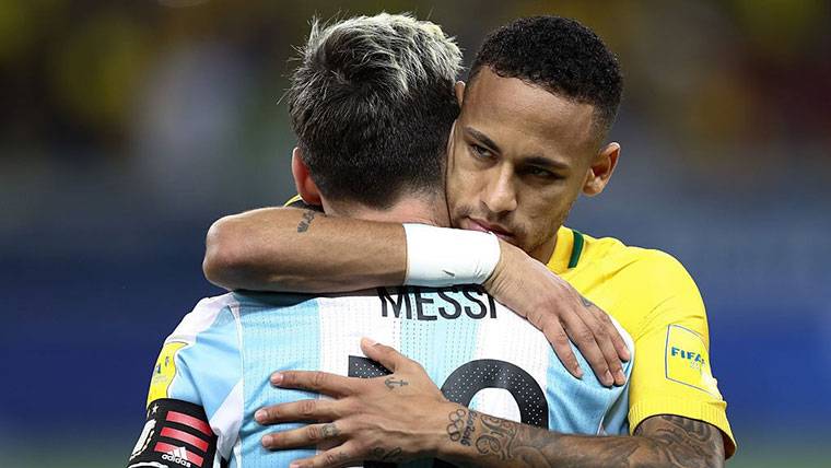 Leo Messi and Neymar, embracing before a Brazil-Argentina