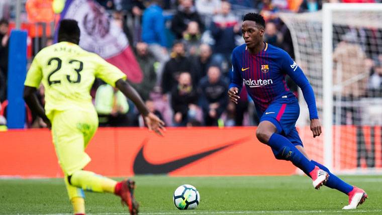 Yerry Mina, durante un partido del FC Barcelona contra el Getafe