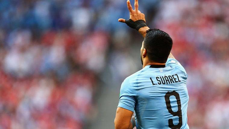 Luis Suárez, celebrando un gol marcado con Uruguay