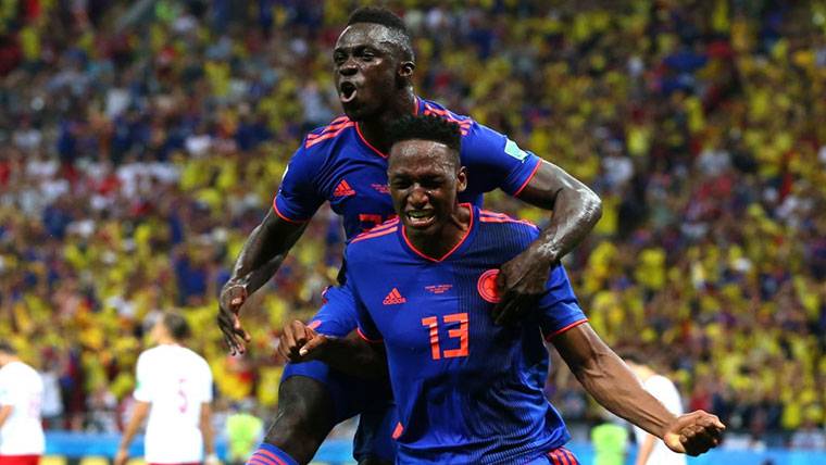 Yerry Mina, celebrando un gol marcado con Colombia a Polonia