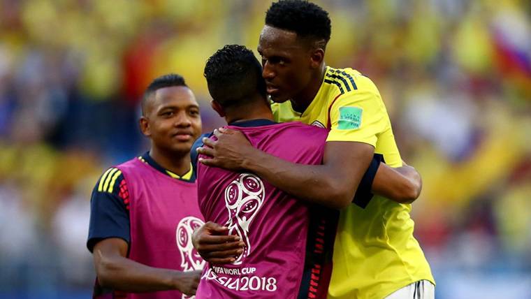 Yerry Mina, celebrando un gol marcado con la selección de Colombia