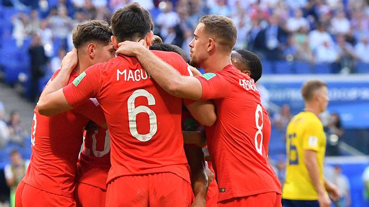 Los jugadores de Inglaterra celebran un gol en el Mundial de Rusia