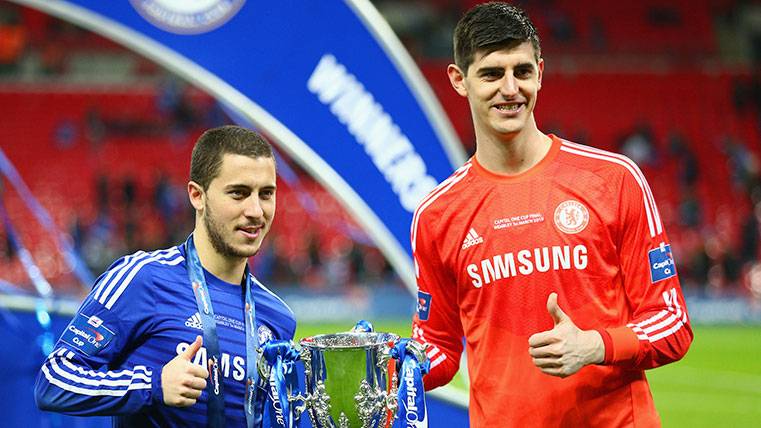 Eden Hazard and Thibaut Courtois celebrate a title with Chelsea