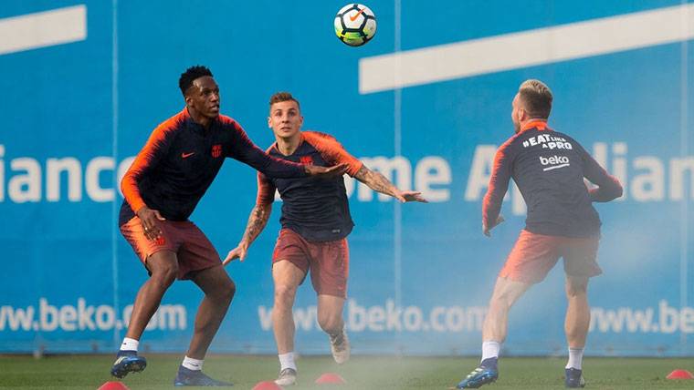 Yerry Mina, during a training with the FC Barcelona