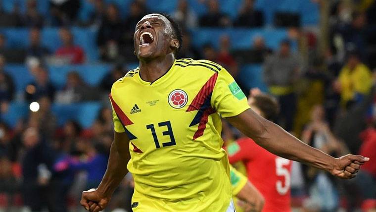 Yerry Mina, celebrating a goal with the selection of Colombia