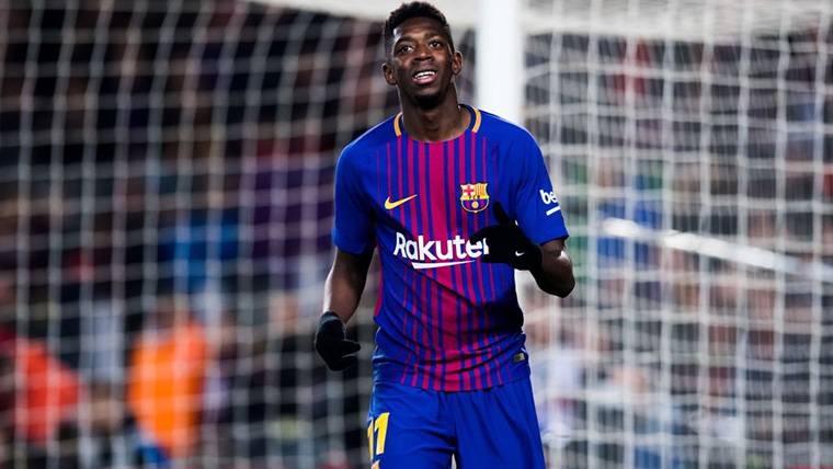 Ousmane Dembélé, celebrando un gol marcado con el FC Barcelona