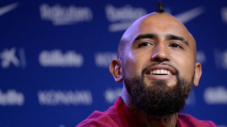 Arturo Vidal, during a press conference with the FC Barcelona