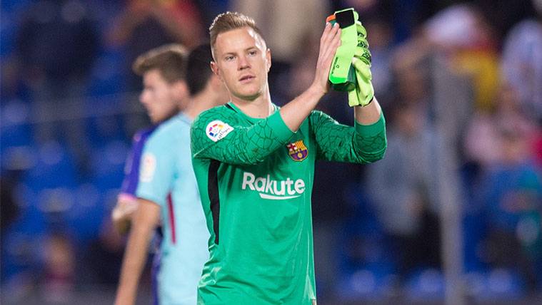 Marc-André Ter Stegen applauds after a party of the FC Barcelona