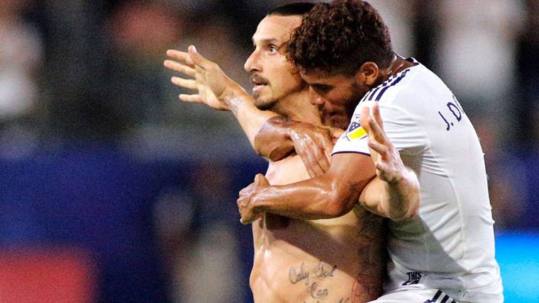 Zlatan Ibrahimovic, celebrating a marked goal with Los Angeles Galaxy
