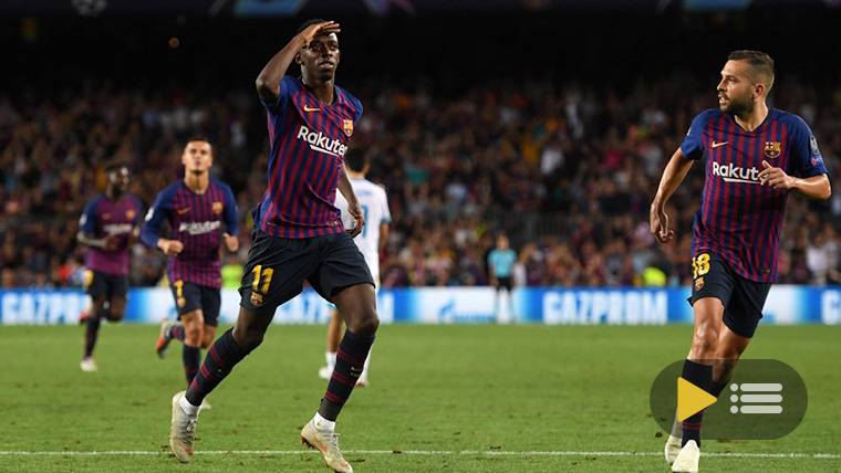 Ousmane Dembélé, celebrando el gol contra el PSV Eindhoven