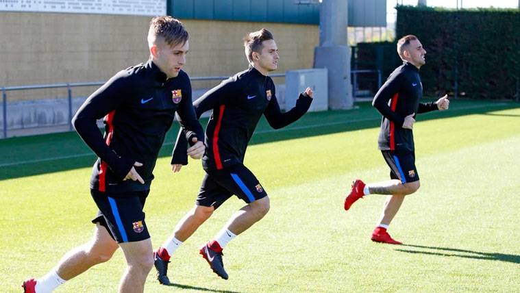 Gerard Deulofeu, Denis Suárez y Paco Alcácer, en un entrenamiento del Barça